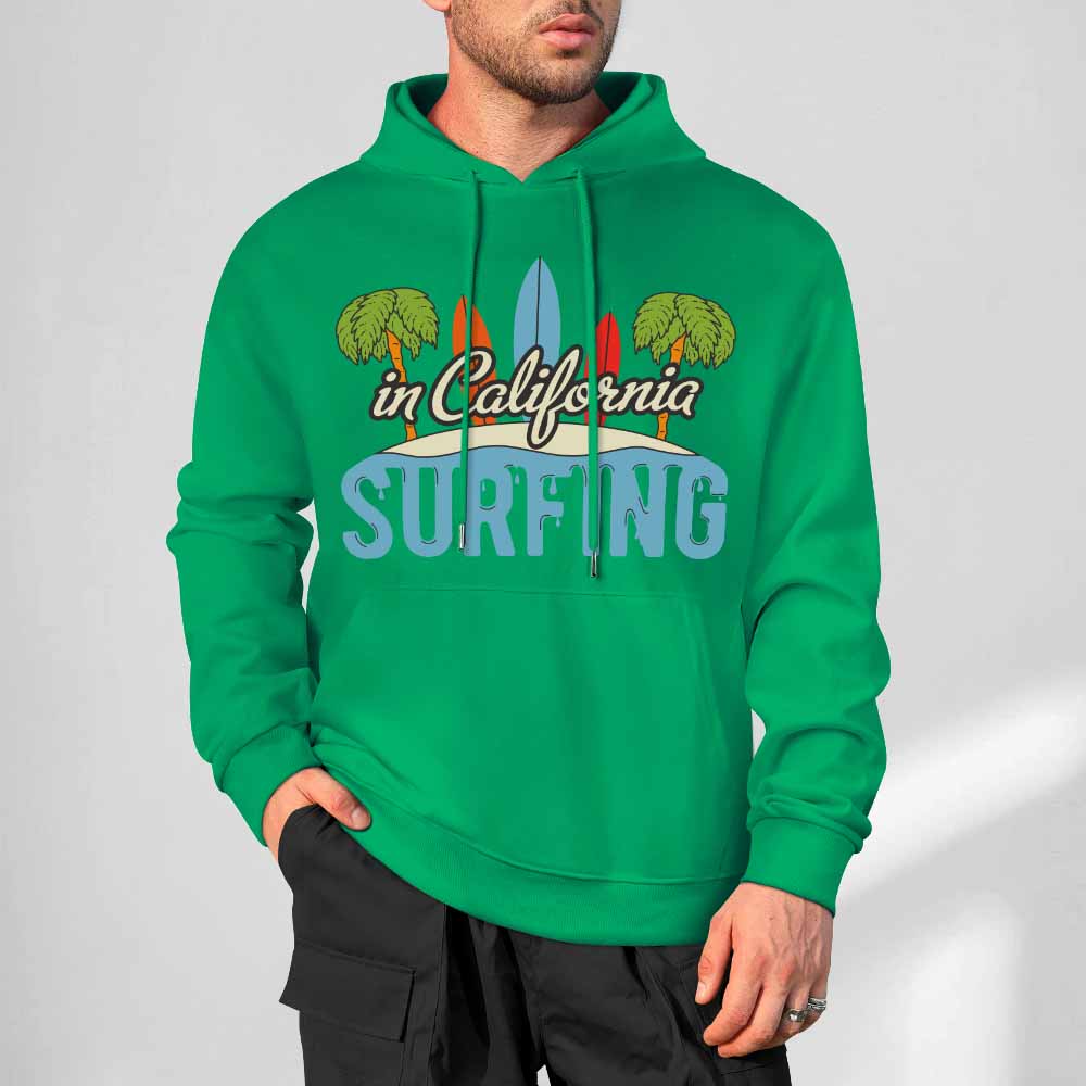Green cotton California Surfing hoodie for men, loose fit, comfortable daily wear