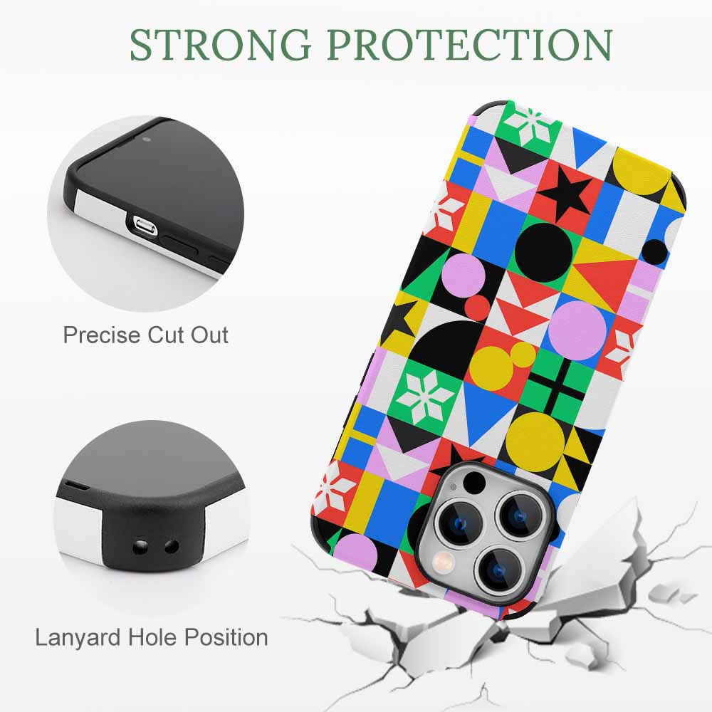 iPhone 13 fiber skin case, colorful geometric design, strong protection, precise cutouts.