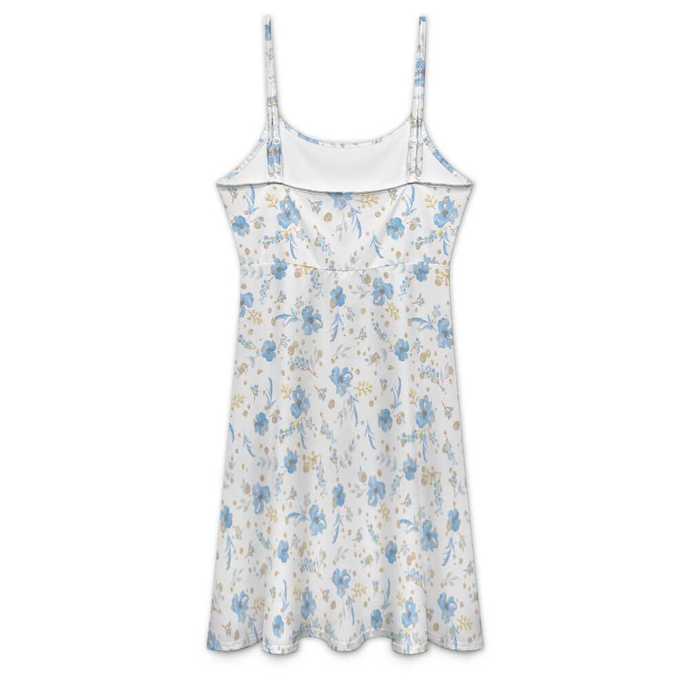 Spring Strap Dress, four-sided projectile fabric, floral pattern, white and blue, comfortable and sexy style.