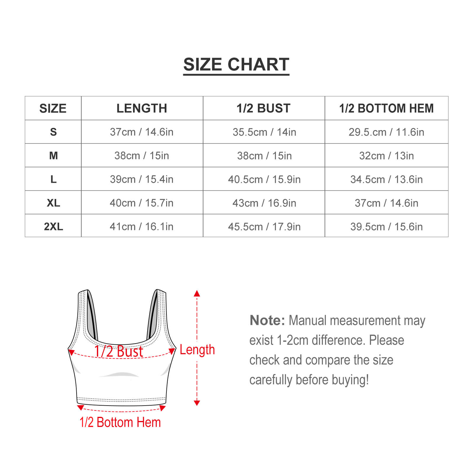 Thread Yoga Vest Set Size Chart - showing measurements for vest and shorts in cm/in