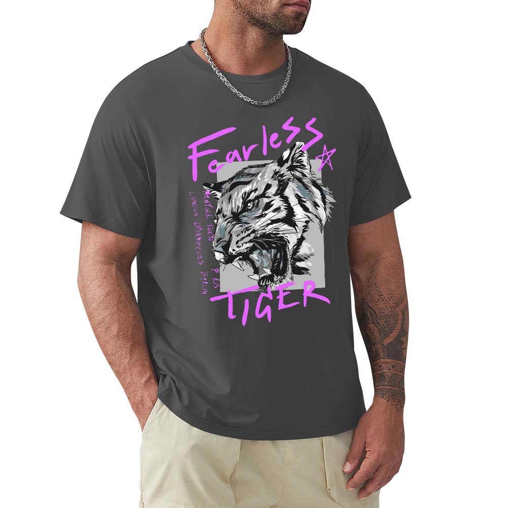 Men's dark gray 100% cotton 'Fearless Tiger' graphic T-shirt, collection, front view.