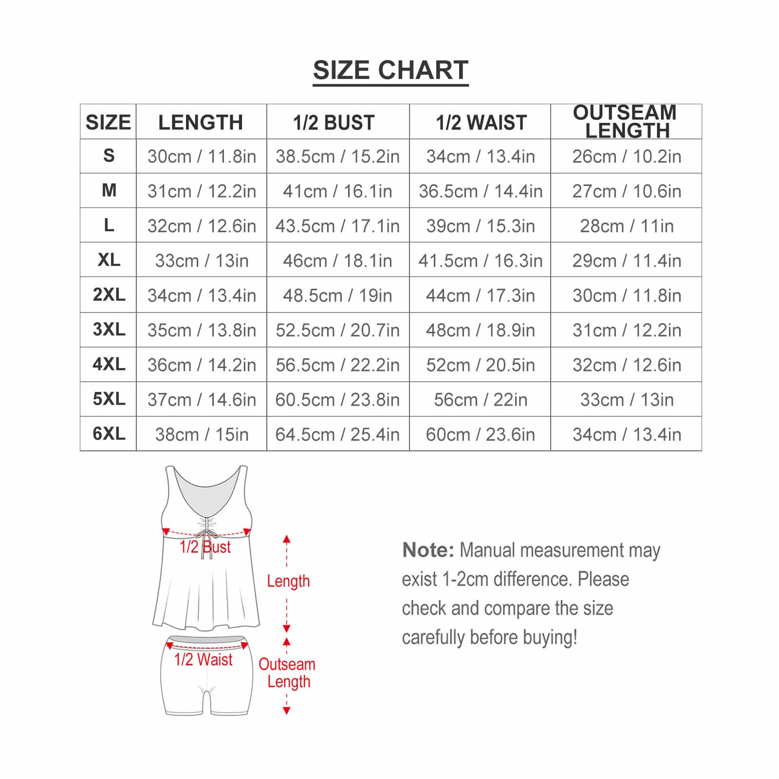 Size chart for Sleeveless Split Swimwear, including bust, waist, and length measurements in cm and inches.