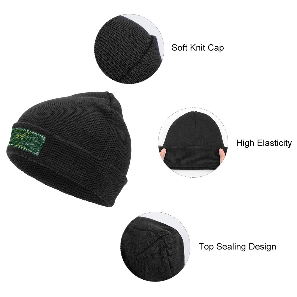 Black knitted cap with custom logo, featuring high-quality acrylic fabric, providing warmth and style for winter wear.