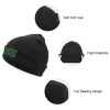 Black knitted cap with custom logo, featuring high-quality acrylic fabric, providing warmth and style for winter wear.