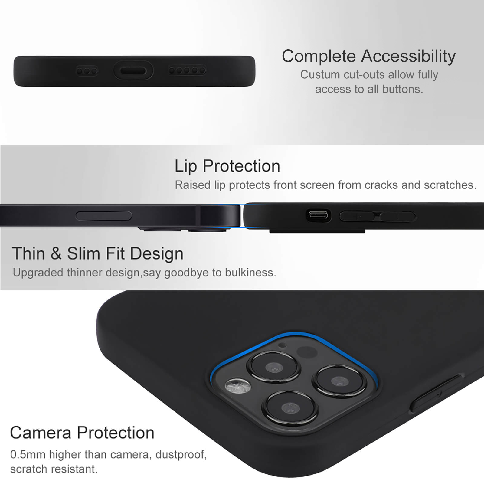 iPhone 12 series case features: complete accessibility, lip & camera protection, thin & slim fit. TPU material.