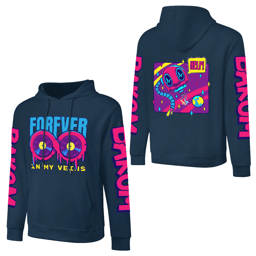 Navy blue cotton 'FOREVER 99' hooded sweater with sleeve prints, youth fashion style.