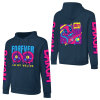 Navy blue cotton 'FOREVER 99' hooded sweater with sleeve prints, youth fashion style.