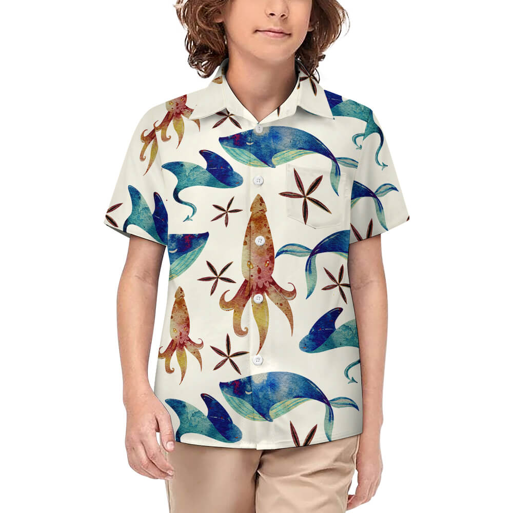 Children's short-sleeved shirt with rocket and sea animal patterns