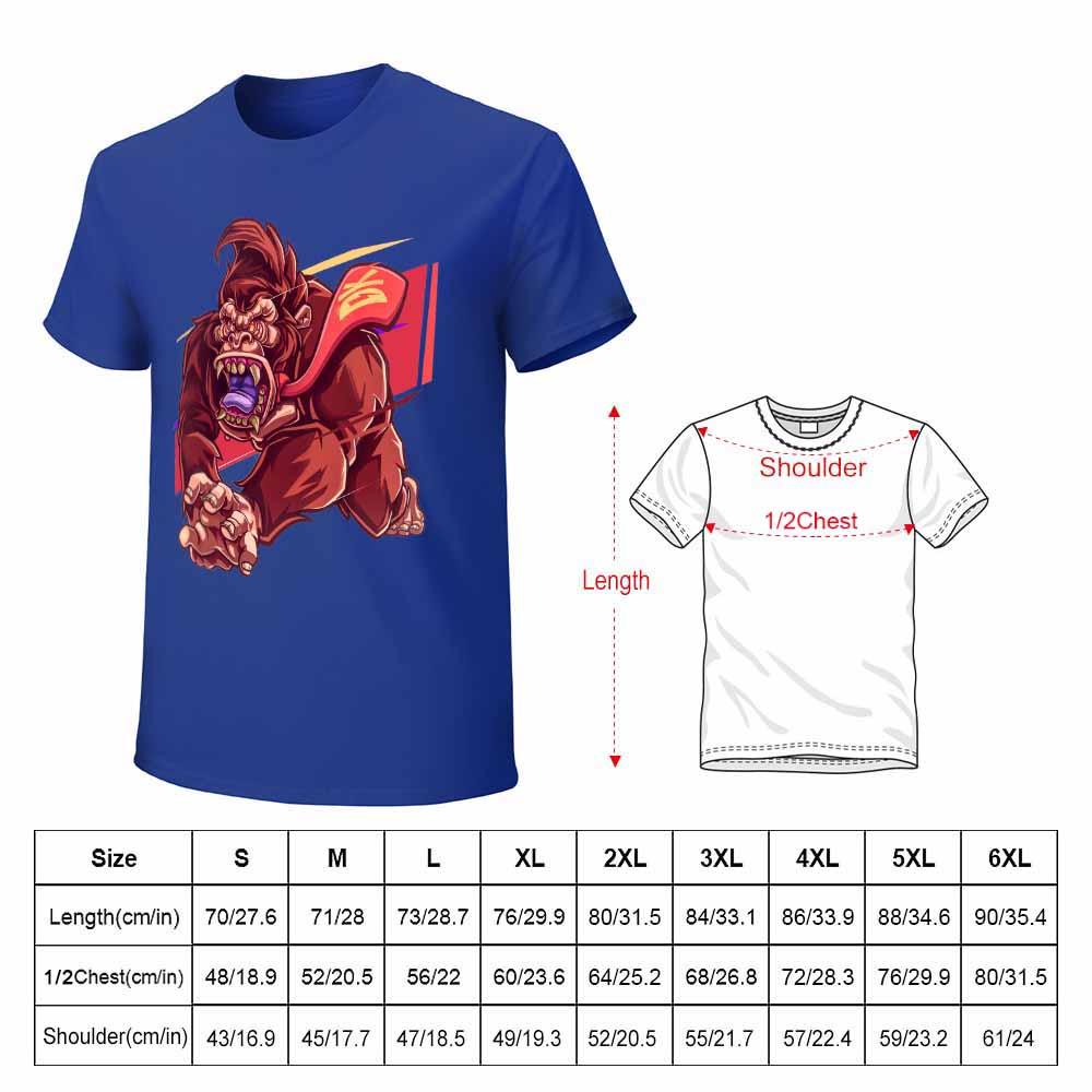 Blue men's cotton t-shirt with red monster graphic print and size chart | Inkedjoy