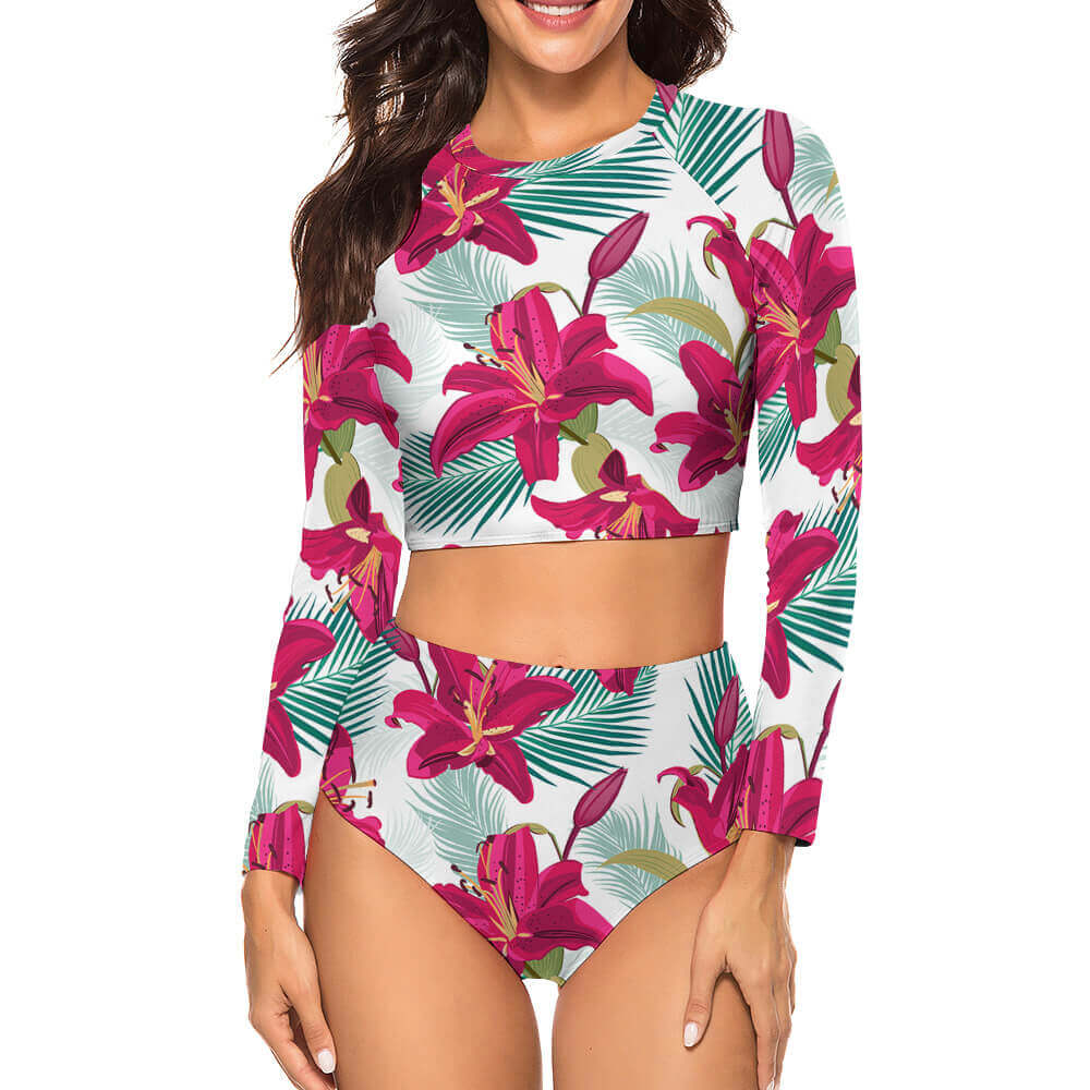 Long sleeve crew neck ladies bikini swimsuit with floral print, perfect for beach and swimming.