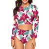 Long sleeve crew neck ladies bikini swimsuit with floral print, perfect for beach and swimming.
