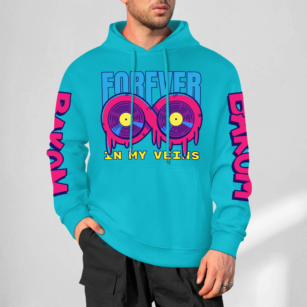 Turquoise cotton FOREVER 99 donut graphic hoodie, sleeve prints, youth fashion style.