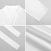 Men's white bathrobe details: soft polyester fabric, strap design, breathable, suitable for bathroom use.