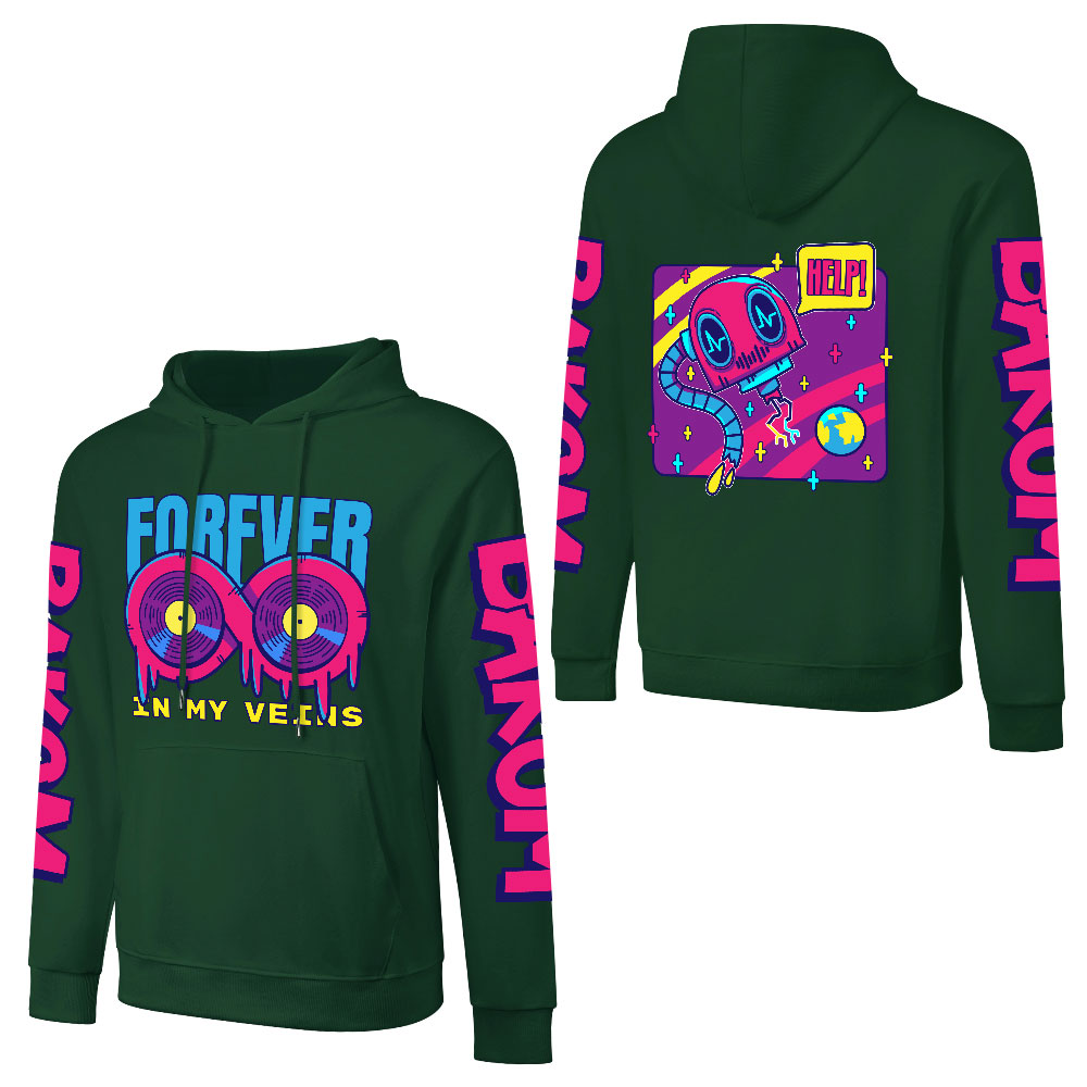 Green cotton hooded sweater with 'FOREVER 99' design and sleeve prints, fashion style.
