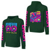 Green cotton hooded sweater with 'FOREVER 99' design and sleeve prints, fashion style.