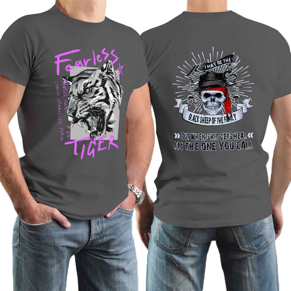 Dark gray 100% cotton Fearless Tiger men's T-shirt, front and back print, collection.