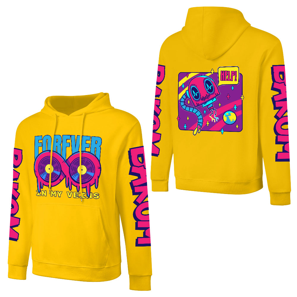 Yellow cotton hooded sweater with "FOREVER 99" design and donut graphic, fashion style.