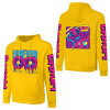 Yellow cotton hooded sweater with "FOREVER 99" design and donut graphic, fashion style.