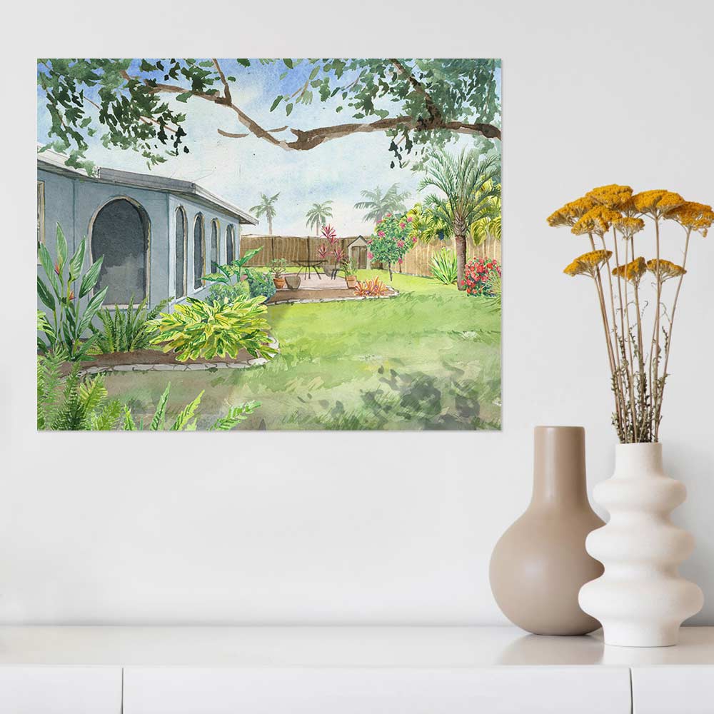 Serene garden canvas print, house and greenery, unframed decor.