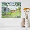 Serene garden canvas print, house and greenery, unframed decor.