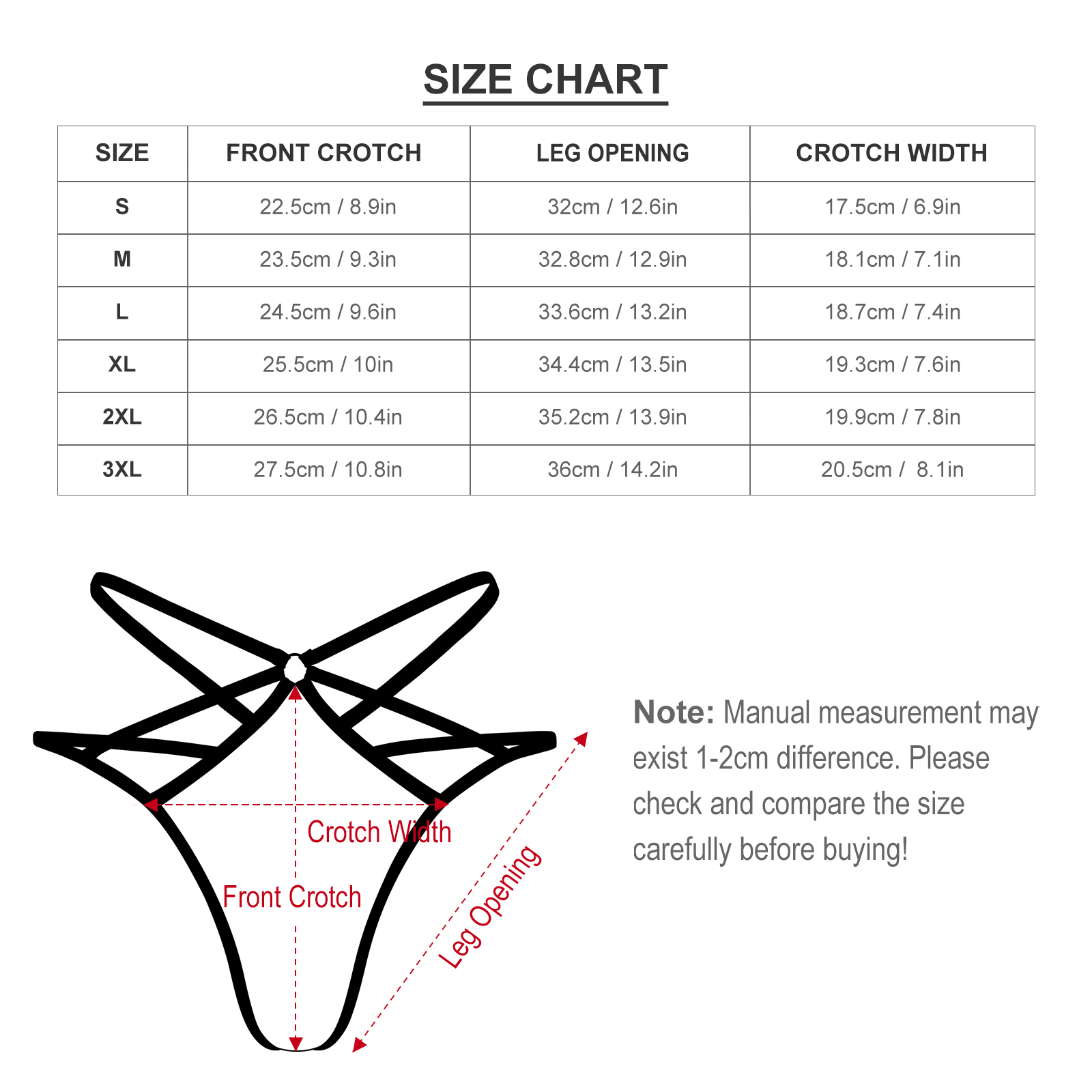 T-back size chart with measurements and diagram, mesh lingerie