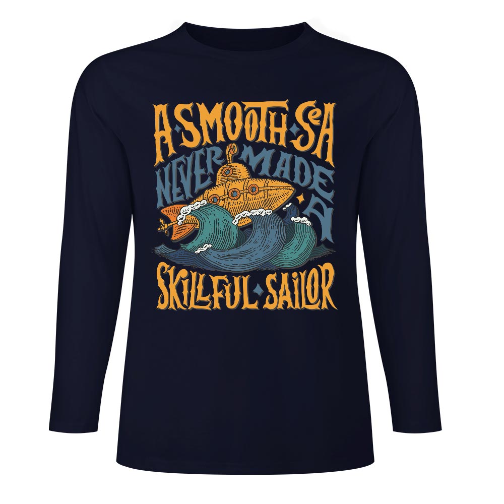 Dark blue pure cotton long sleeve T-shirt featuring 'A SMOOTH SHAKER' graphic design for casual wear.