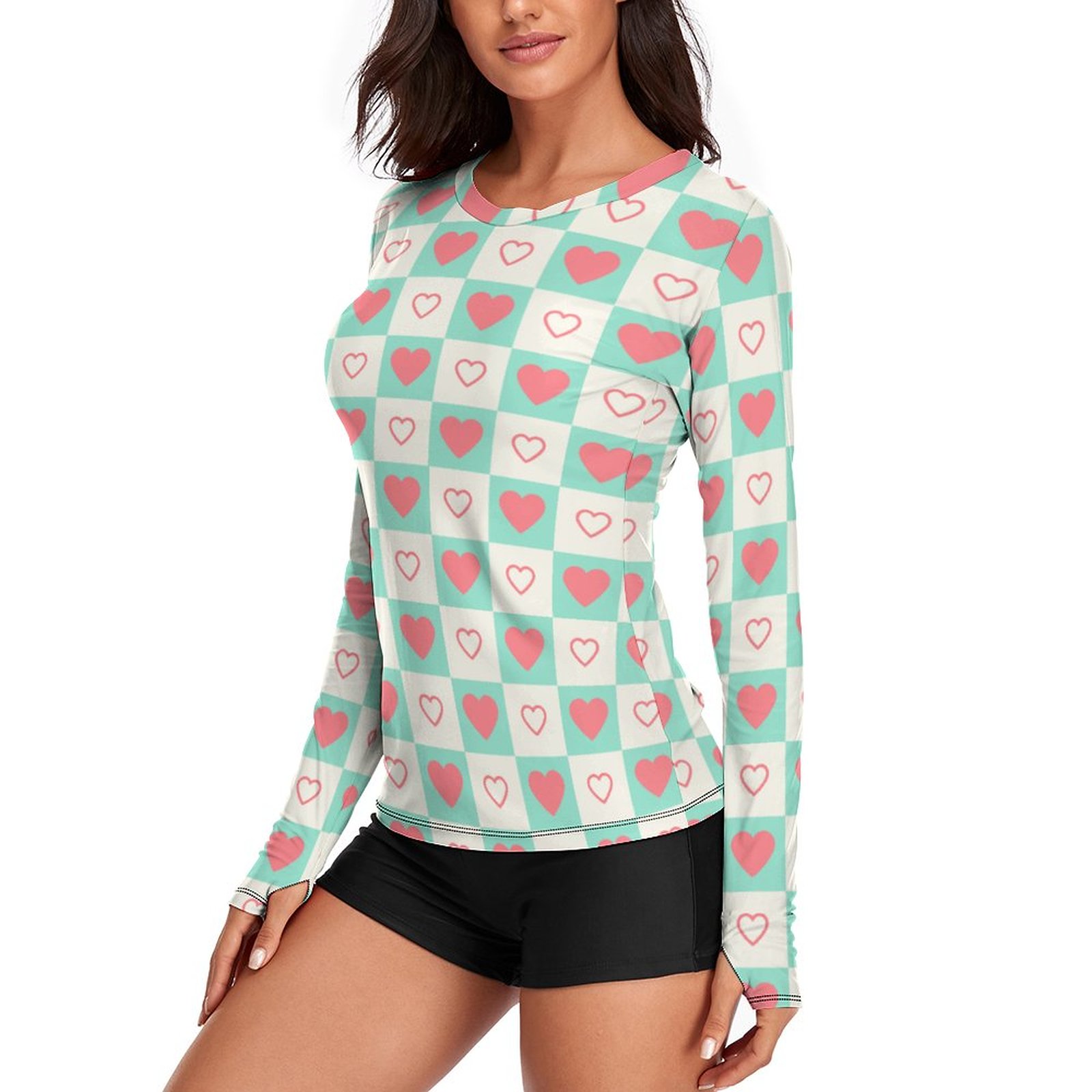 Women's Long Sleeve T-Shirt with Heart Pattern, Lightweight Sun Protection