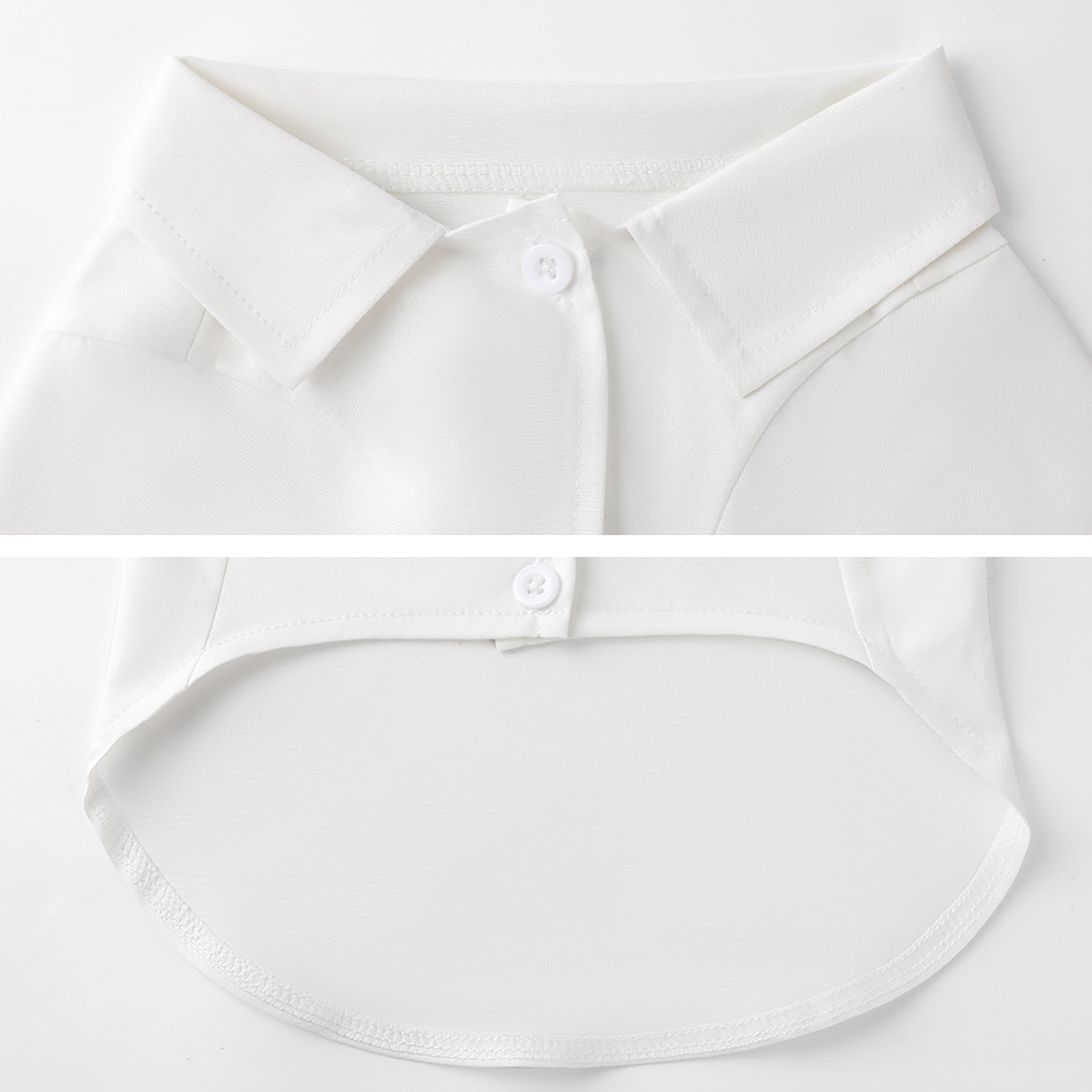 White pet shirt collar detail, classic style, breathable polyester fabric, pet essentials.