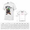 White cotton men's T-shirt with baseball cartoon graphic and 'Just Do It' print, size chart