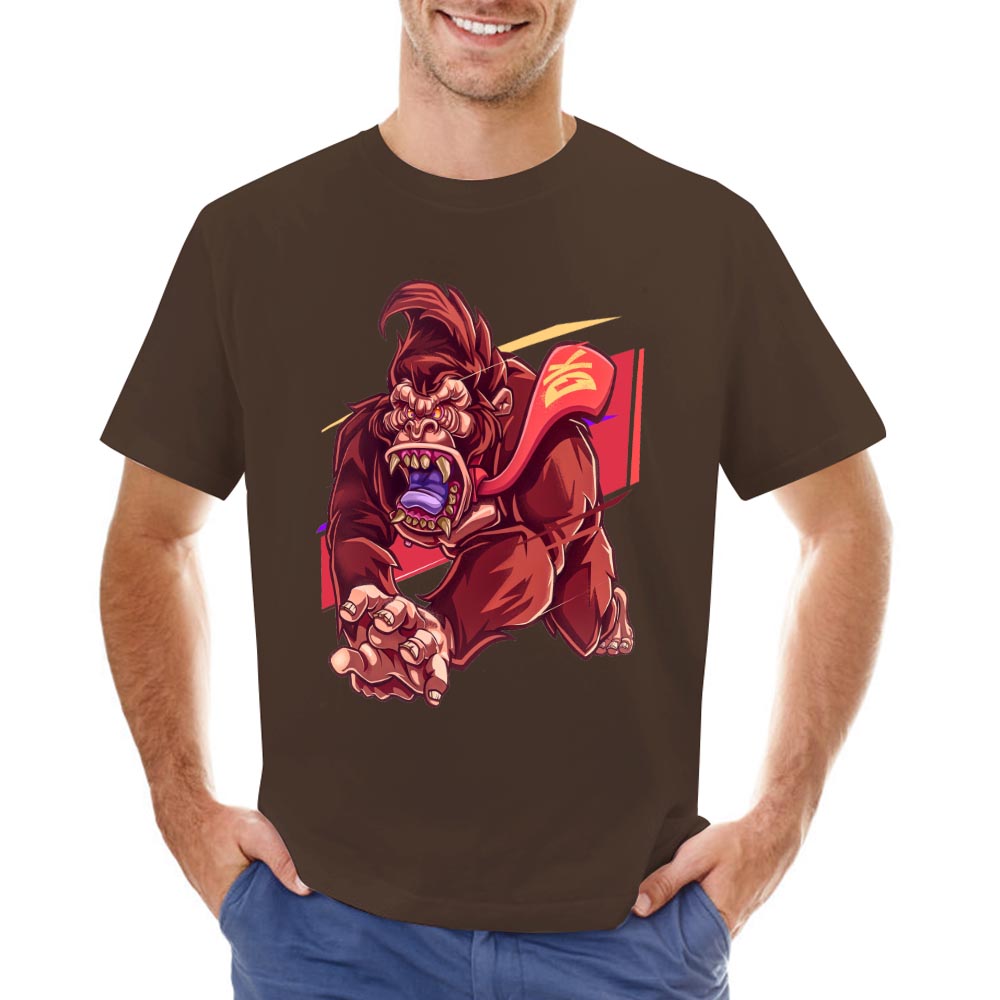 Men's brown cotton t-shirt with red monster graphic print, Inkedjoy design