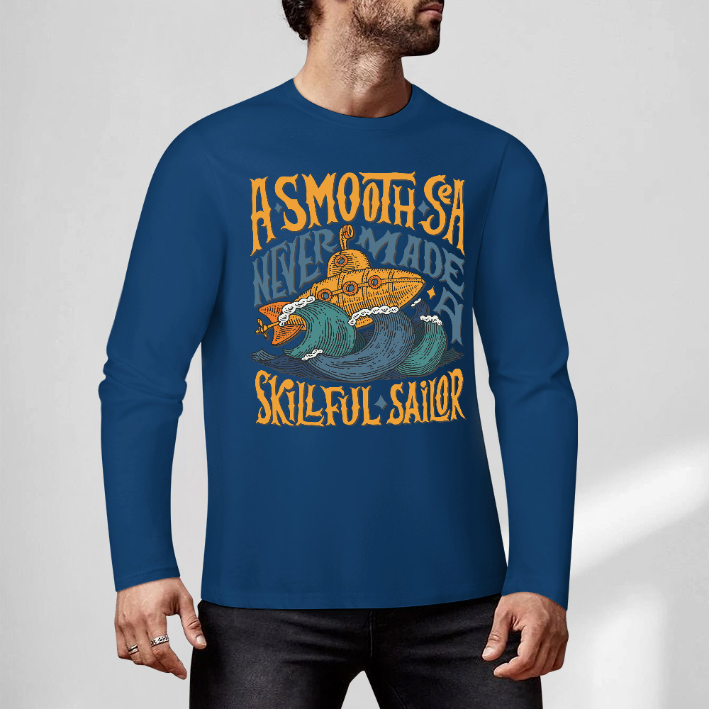 Blue pure cotton long sleeve t-shirt with 'A SMOOTH SHAKER' graphic design, casual wear.