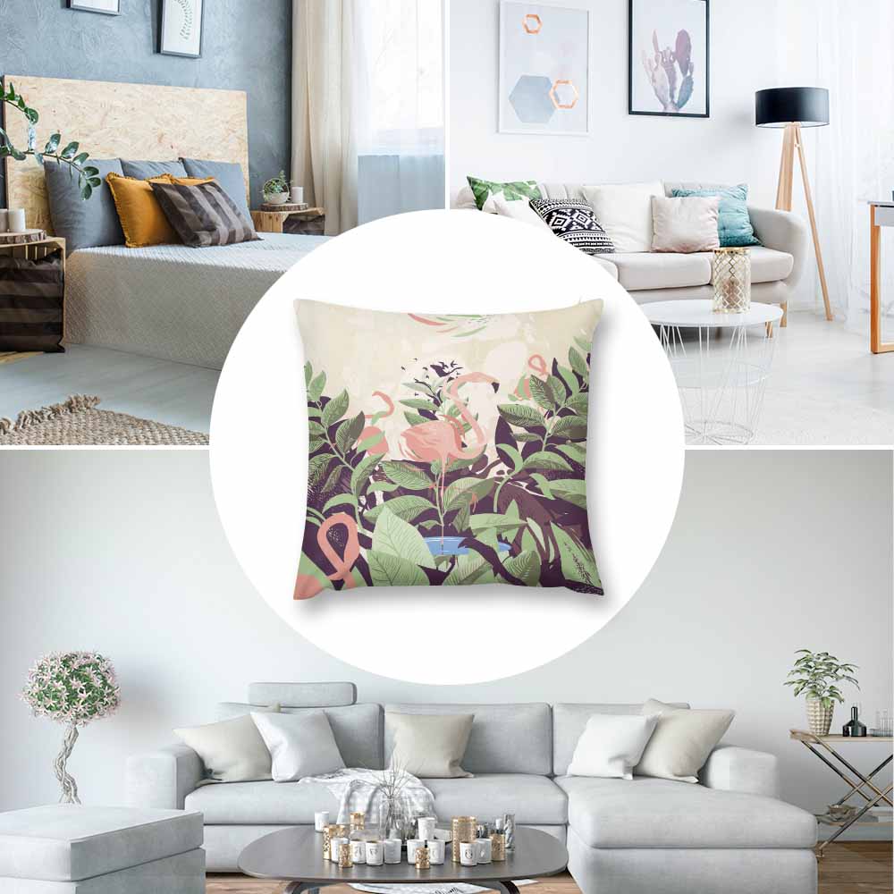 Double-sided short plush pillow case featuring flamingo and floral design, perfect for bedroom and living room decor.