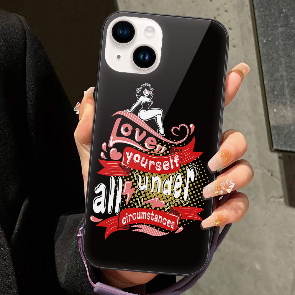 iPhone 14 glass case with 'Love is served under all weather' design, protective and stylish.