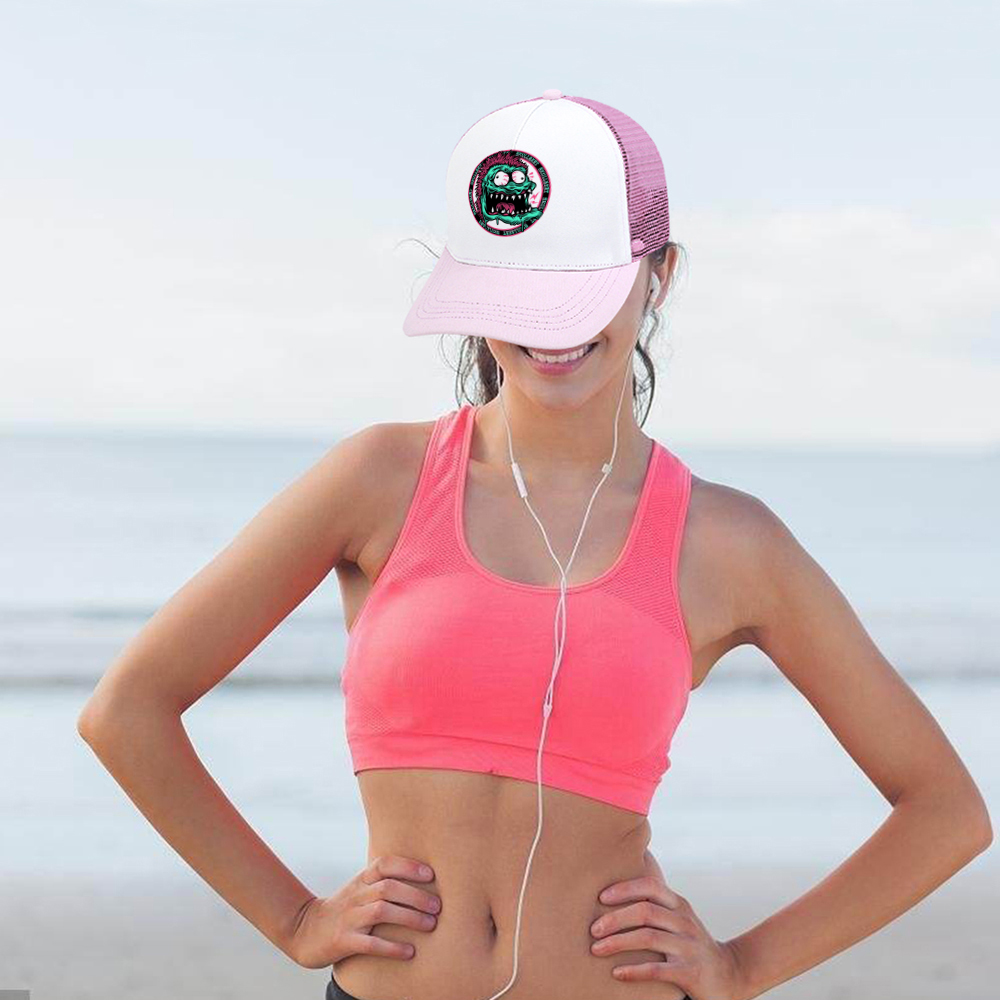 Woman wearing pink and white baseball cap with mesh back, perfect for outdoor activities, Inkedjoy