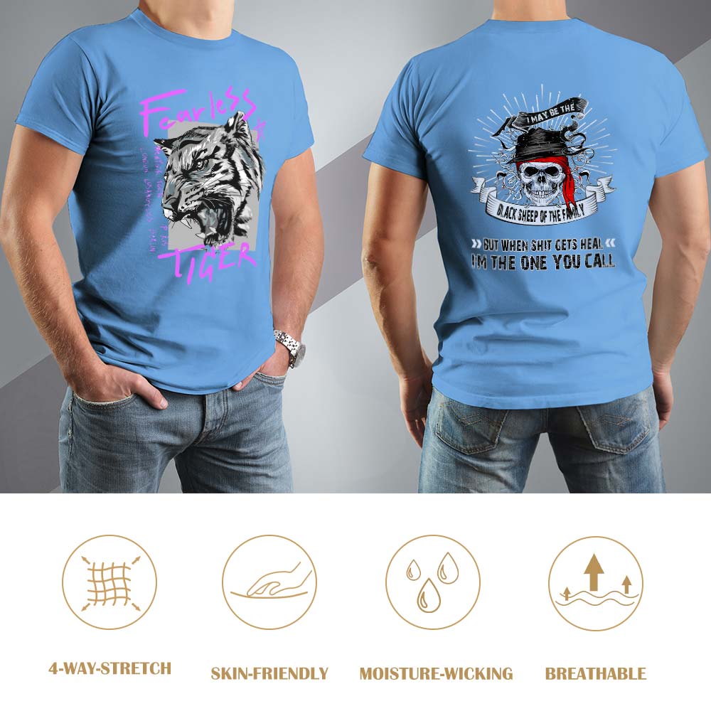 Light blue cotton Fearless Tiger graphic tee, front and back view, collection.