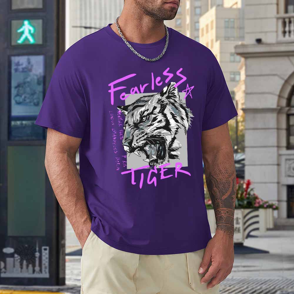 Purple cotton men's Fearless Tiger T-shirt, front view, collection