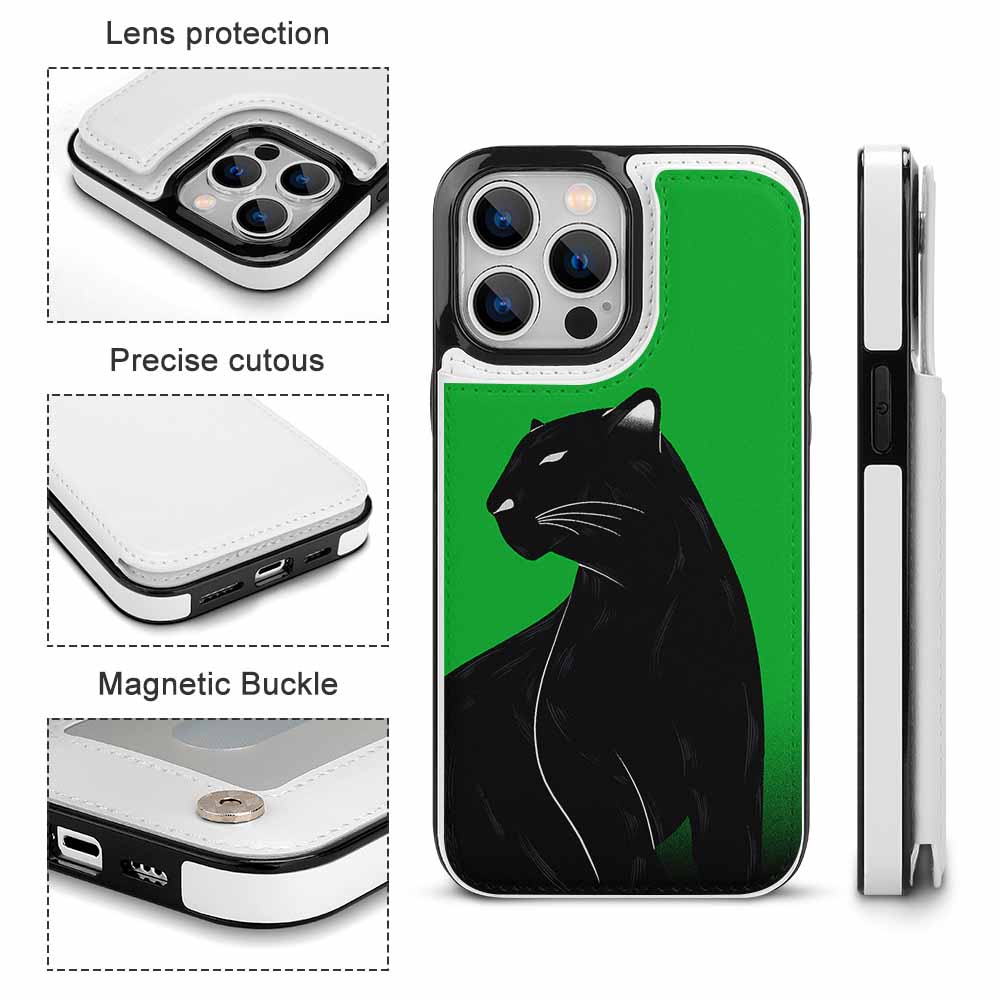iPhone 13 case with panther design, card slot, shockproof protection, and magnetic buckle