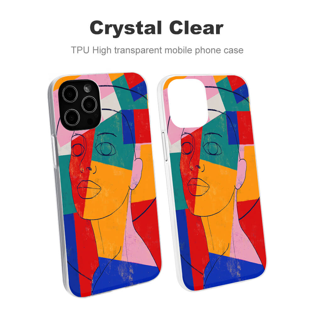iPhone 12 series case with colorful abstract design, crystal clear for phone protection.