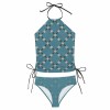 Blue geometric halter top split swimsuit, women's swimwear, perfect for beaches and vacations