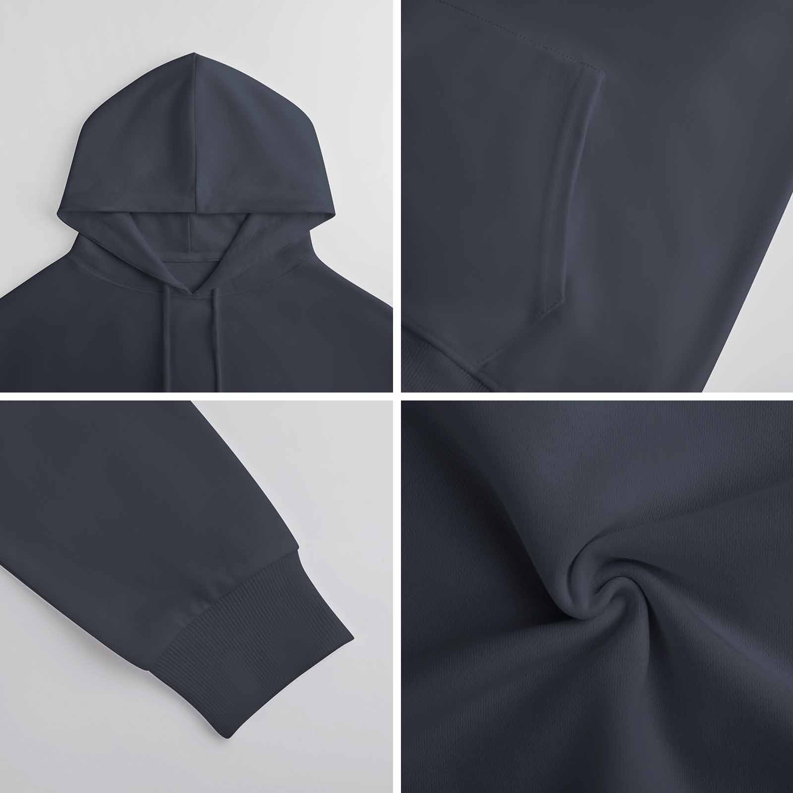 Navy blue cotton hooded sweater detail, showcasing fabric texture and design, perfect for youth fashion.