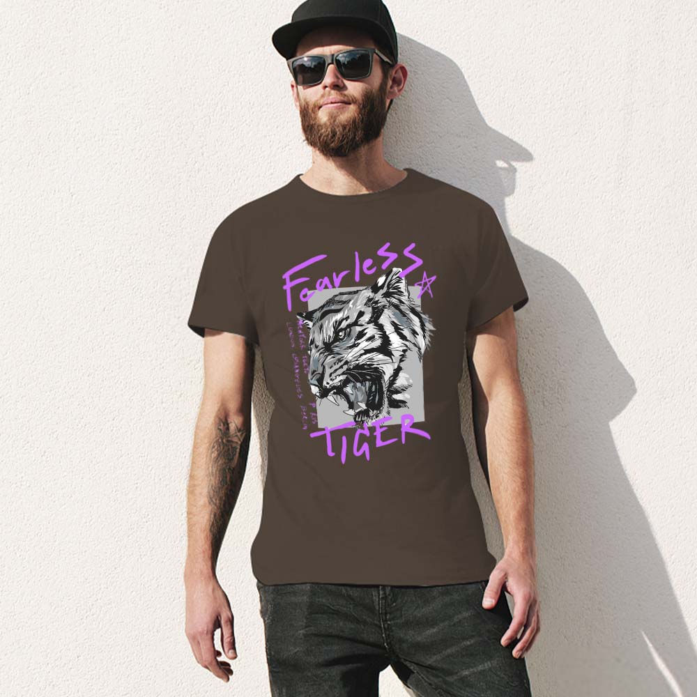 Brown cotton men's 'Fearless Tiger' graphic tee, front and back print