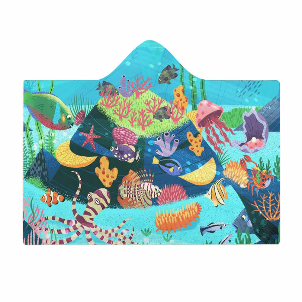 Arctic Velvet Cloak Hooded Blanket with underwater scene, coral and fish design for cozy lounging