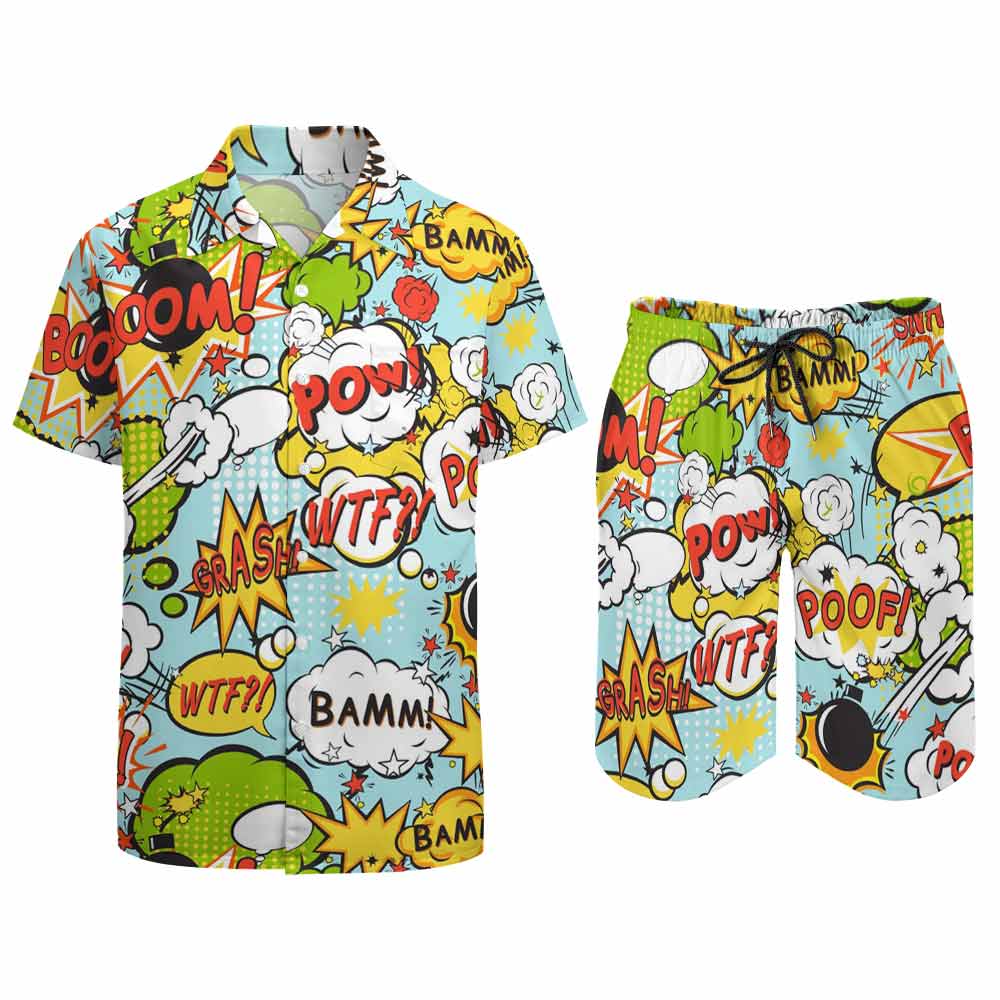 Men's cartoon print leisure beach suit in Peach Skin fabric, comfortable and stylish.