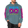 Teal cotton hooded sweater with FOREVER 99 donut graphic and sleeve prints, youth fashion style.