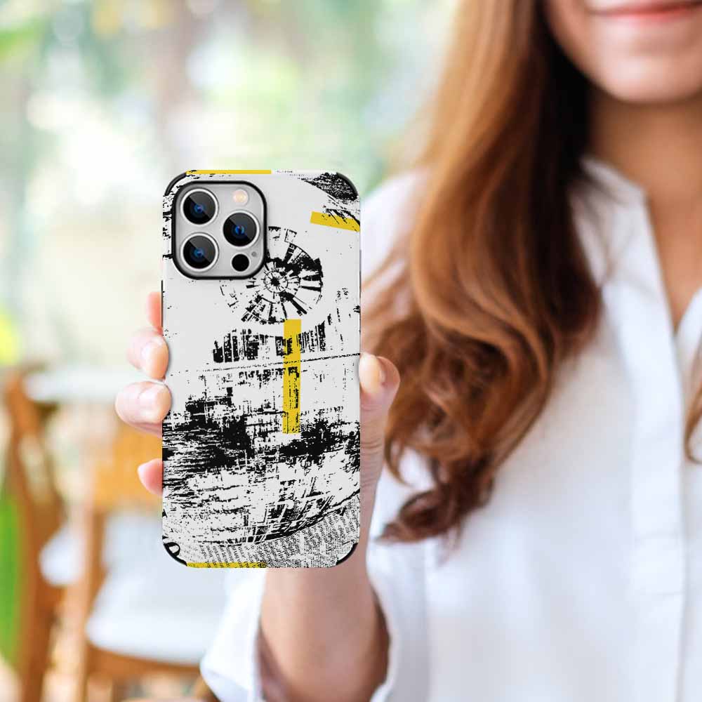 iPhone 13 fiber skin case with abstract art design held by a woman, scratch-resistant protection and comfortable grip.