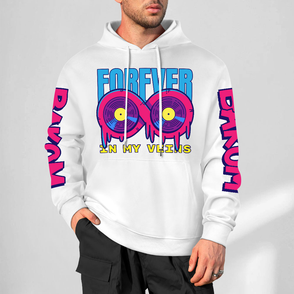 White cotton hoodie with 'FOREVER 99' donut graphic, sleeve prints, youth fashion style.