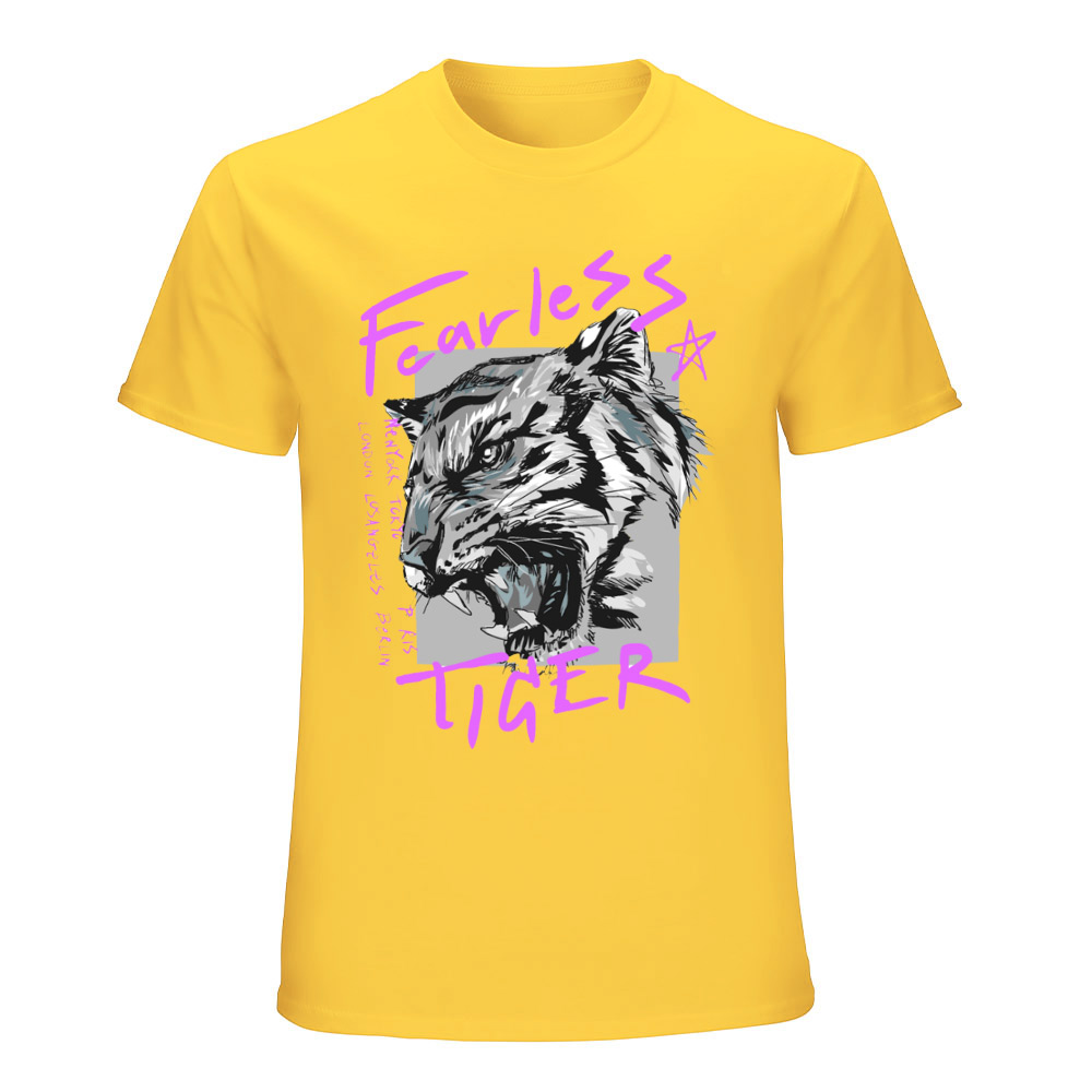 Yellow cotton men's Fearless Tiger graphic T-shirt, front and back print, collection.