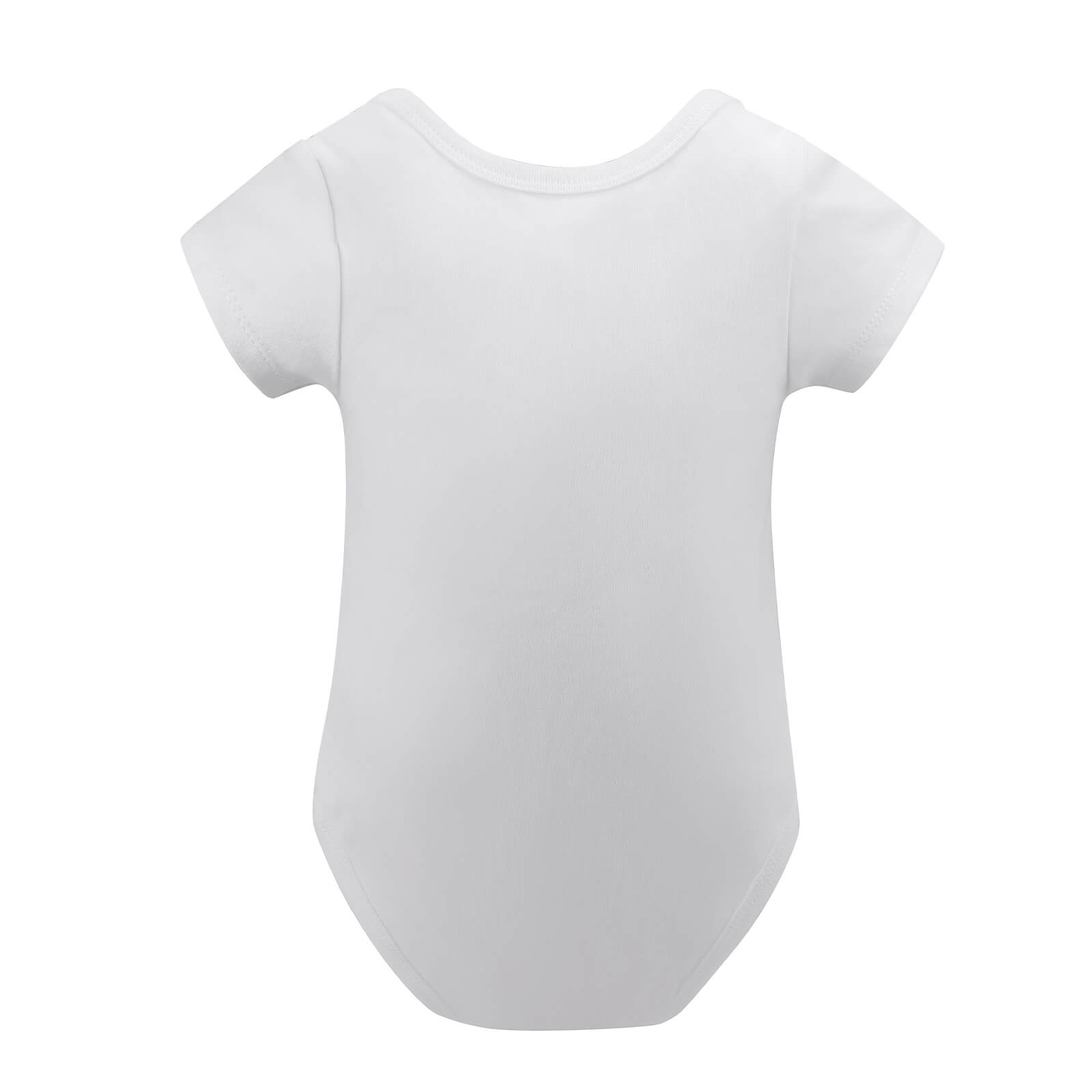White short-sleeve baby bodysuit, made of soft cotton for newborns aged 3-24 months. Comfortable, skin-friendly design.