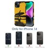 iPhone 14 fiber skin case, surfer silhouette with yellow sunset background, scratch-resistant