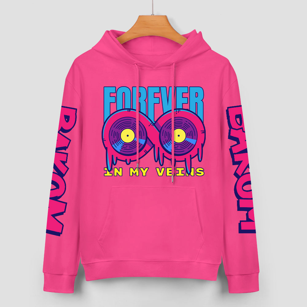 Pink cotton hoodie with 'FOREVER 99' donut graphic, DAKUM and CRASH sleeve prints, youth fashion